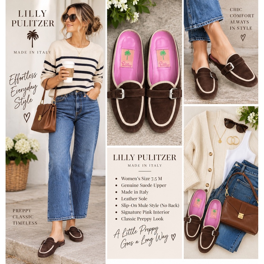 Vintage Lilly Pulitzer Shoes 7.5 M Brown Suede Mary Jane Loafers Made Italy